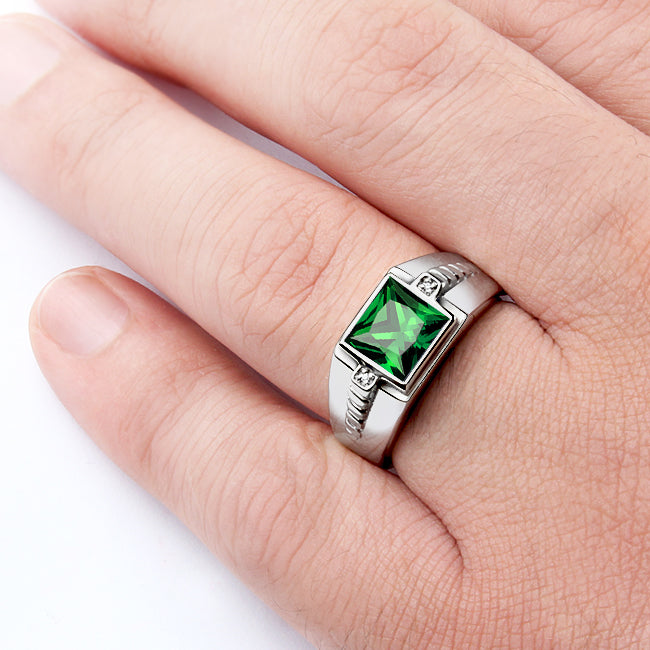Men's Gemstone Ring with Diamond Accents in Sterling Silver emerald