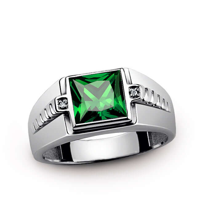 Men's Gemstone Ring with Diamond Accents in Sterling Silver emerald