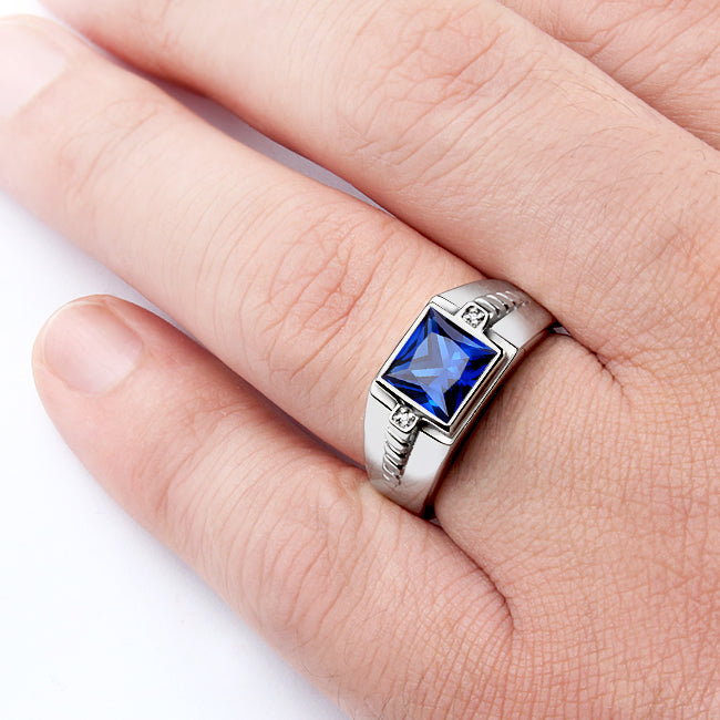Men's Gemstone Ring with Diamond Accents in Sterling Silver sapphire