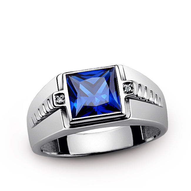 Men's Gemstone Ring with Diamond Accents in Sterling Silver sapphire