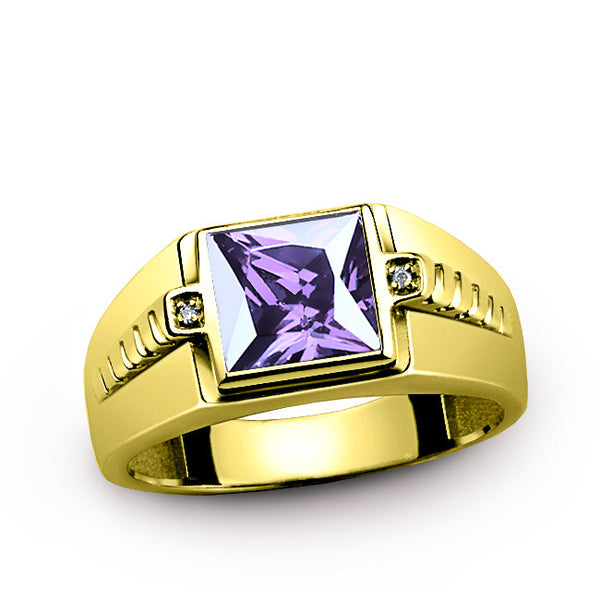 Men's 10K Gold Ring with Natural Diamonds and Purple Amethyst Gemstone, Statement Ring for Men