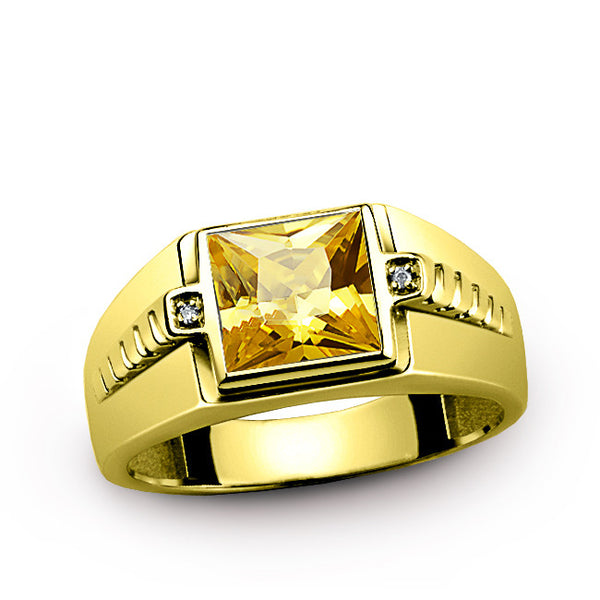 Men's Ring Citrine in 10K Yellow Gold with Natural Diamonds, Men's Gemstone Ring