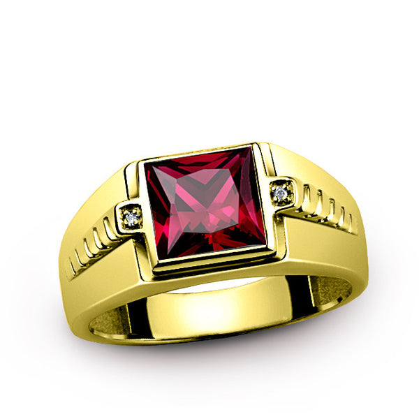 Men's Ring with Natural Diamonds and Red Ruby in 10K Yellow Gold
