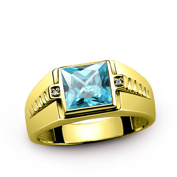 Men's Ring 10k Gold with Natural Diamonds and Blue Topaz, Men's Gemstone Ring