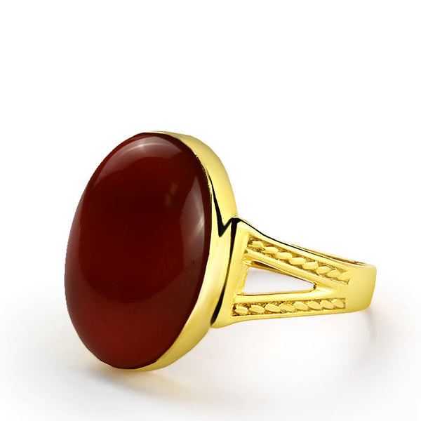 14k Yellow Solid Gold Statement Men's Ring with Natural Red Agate Stone