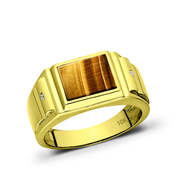Solid Real 10K Yellow Fine Gold Ring for Men Tiger's Eye with 2 Natural Diamonds