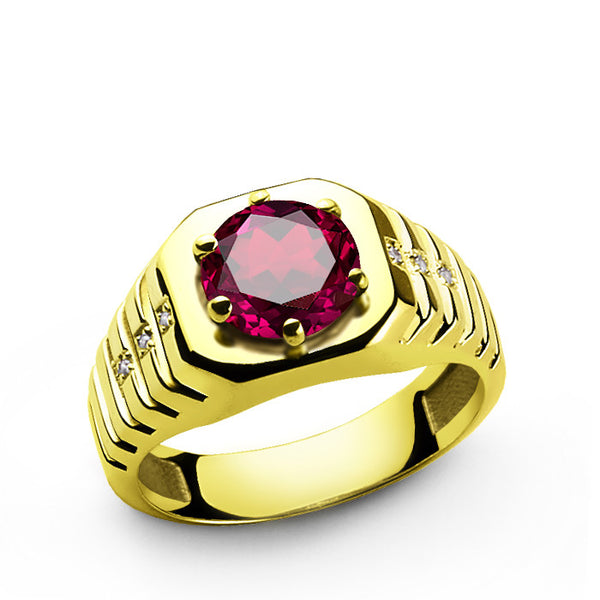 Men's Ring with Red Ruby and Diamonds in 14k Yellow Gold