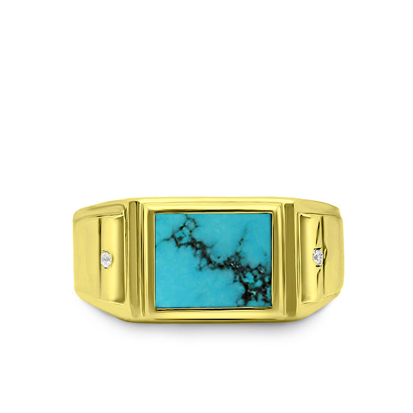 18K Yellow Fine Gold Turquoise Mens Heavy Ring with 2 Natural Diamonds Accents