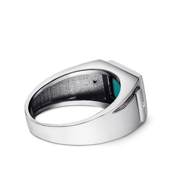 14K White Gold Turquoise Mens Solid Ring 0.04ct Natural Diamonds Ring for Man