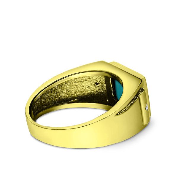 18K Yellow Fine Gold Turquoise Mens Heavy Ring with 2 Natural Diamonds Accents