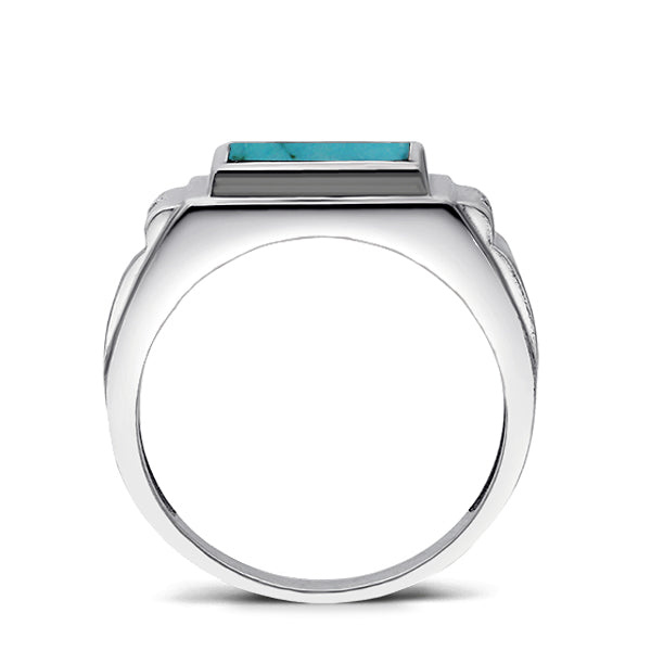 14K White Gold Turquoise Mens Solid Ring 0.04ct Natural Diamonds Ring for Man