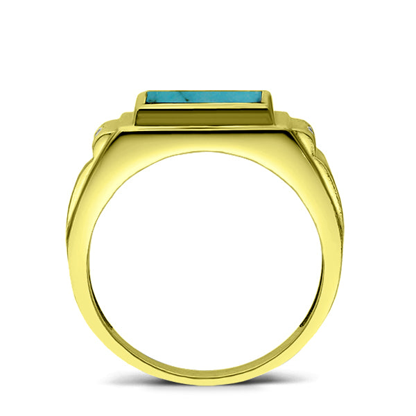 18K Yellow Fine Gold Turquoise Mens Heavy Ring with 2 Natural Diamonds Accents