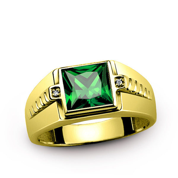 Men's Green Emerald Gemstone and Natural Diamonds 14K Gold Ring