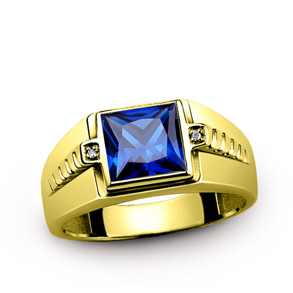 Men's Ring Sapphire in 10K Gold with Natural Diamonds, Men's Blue Gemstone Ring