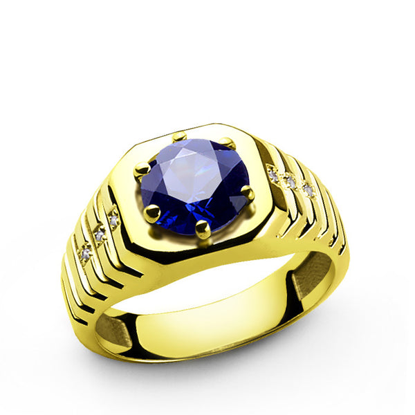 Round Sapphire and Diamonds Men's Ring in 14k Yellow Gold