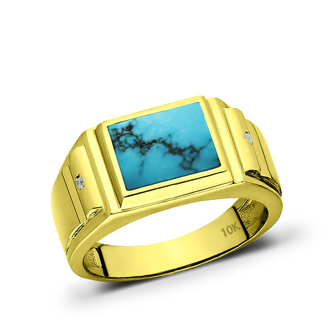 Solid Real 10K Yellow Fine Gold Ring for Men Turquoise with 2 Natural Diamonds