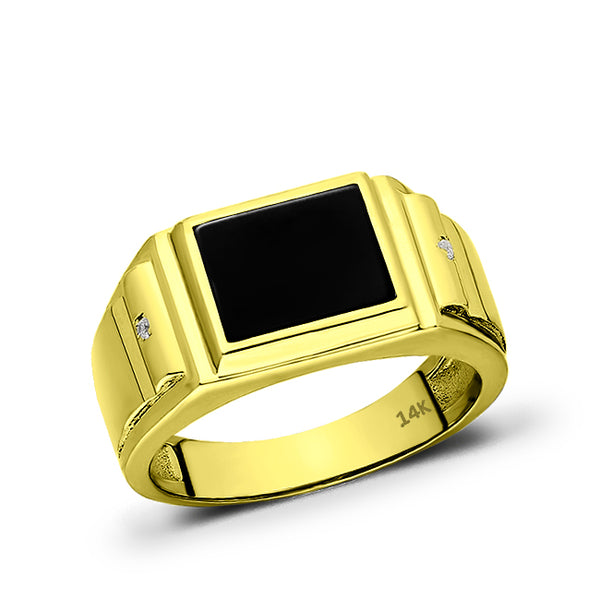 Black Onyx Gemstone Men's Ring 2 Diamond Side Stones 14k Real Solid Yellow Gold