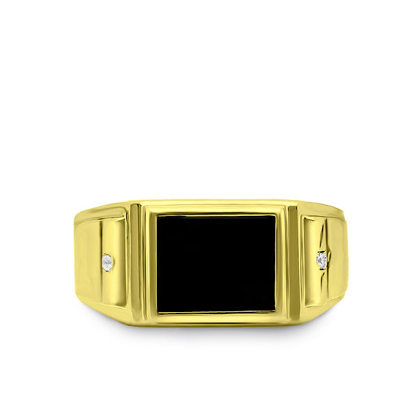 Mens 18K Yellow Gold Plated Silver Ring With Black Onyx and 2 Genuine Diamonds