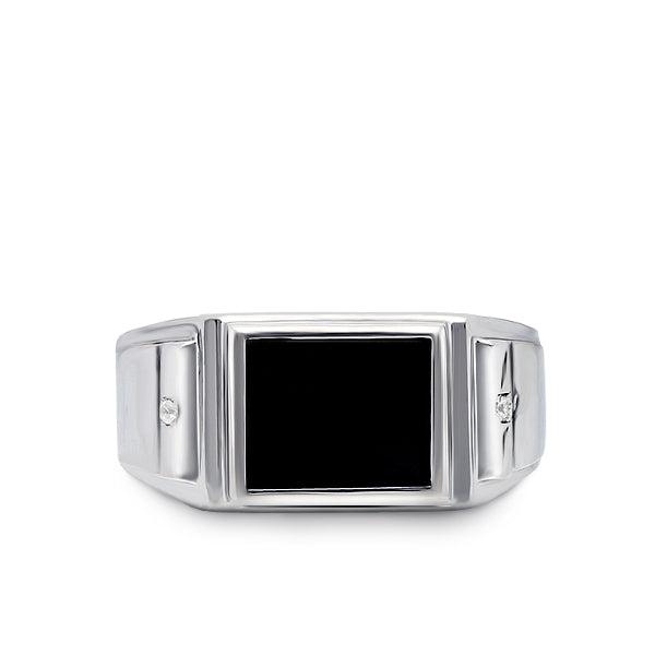 Solid 14K White Gold Estate Geometric Modern Design Mens Onyx and Diamond Ring