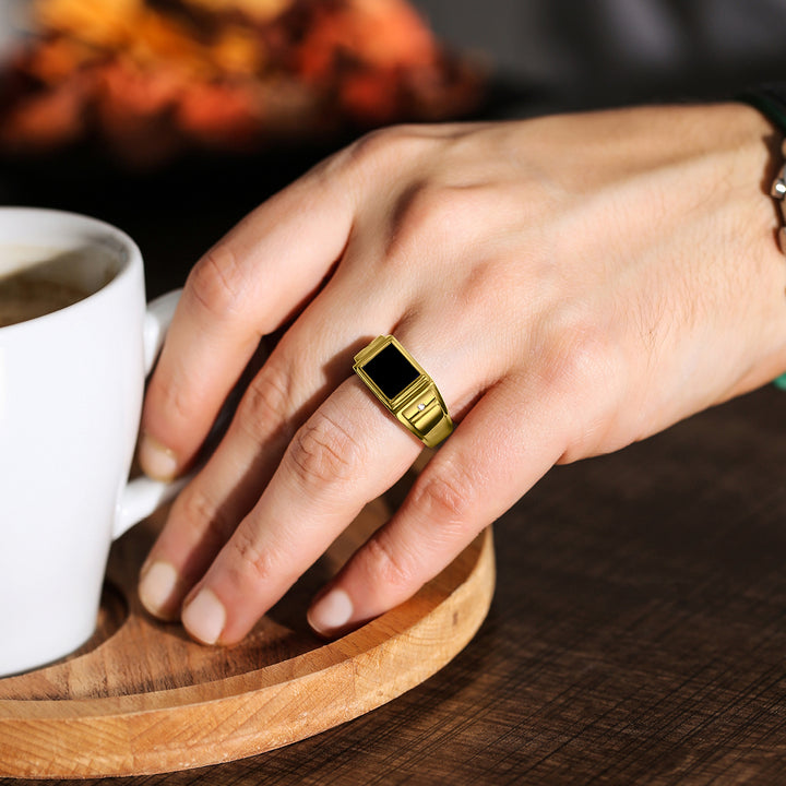 Mens 18K Yellow Gold Plated Silver Ring With Black Onyx and 2 Genuine Diamonds