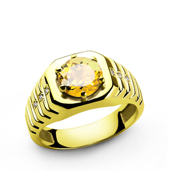 Men's Ring Citrine and Natural Diamonds in 10k Yellow Gold, Gemstone Rng for Men
