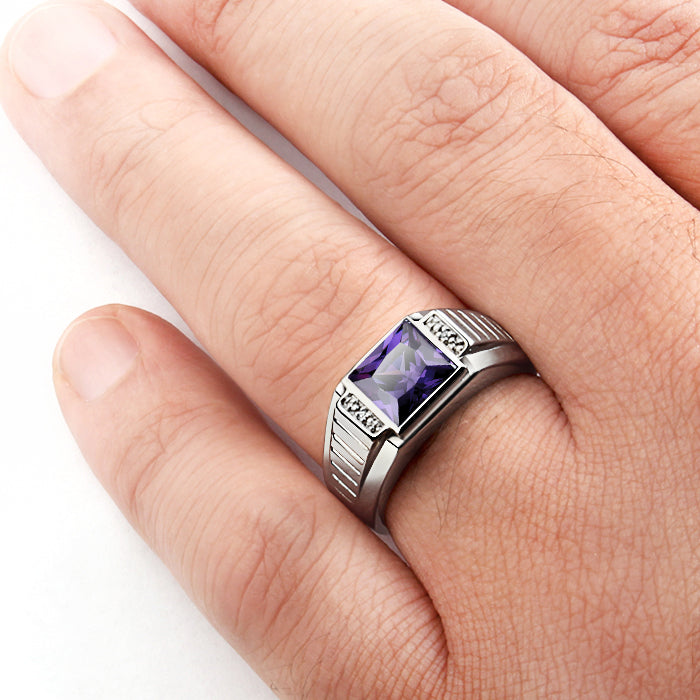 Men's Square Gemstone Ring with Diamond Accents in 925 Silver