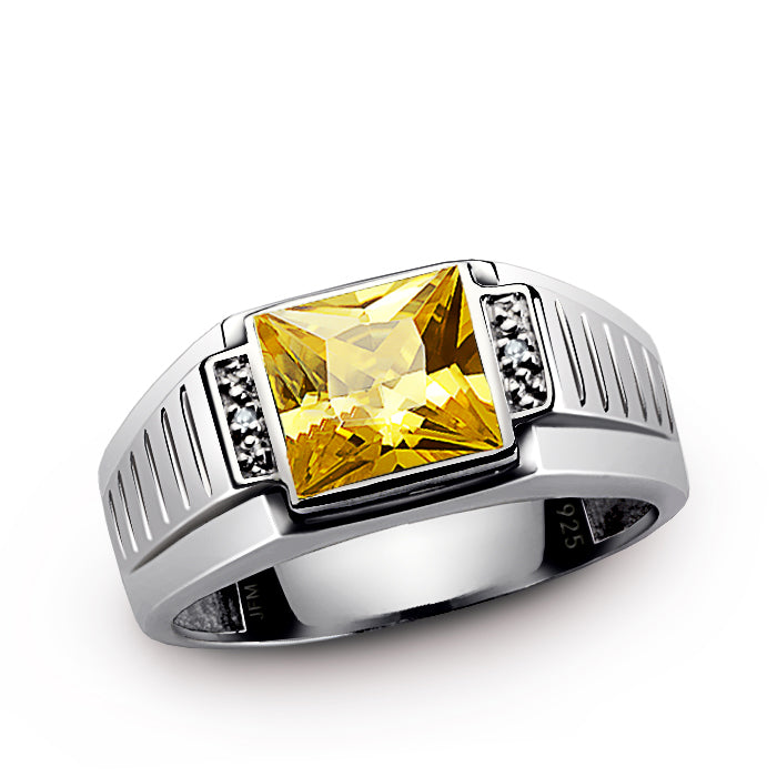 Men's Square Gemstone Ring with Diamond Accents in 925 Silver citrine