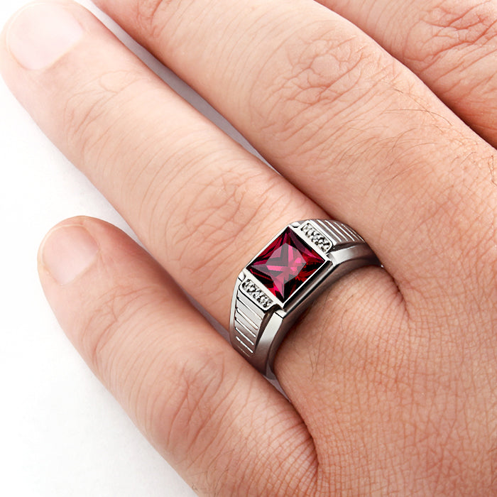 Men's Square Gemstone Ring with Diamond Accents in 925 Silver ruby