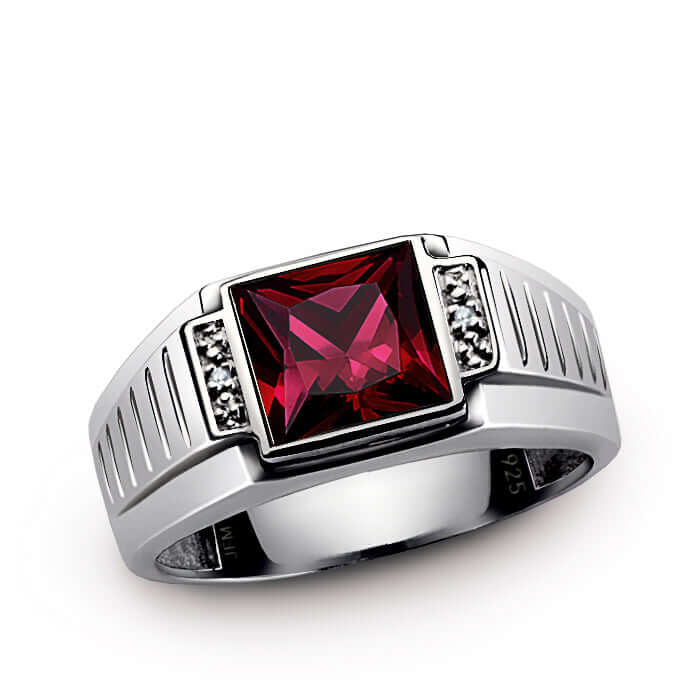 Men's Square Gemstone Ring with Diamond Accents in 925 Silver ruby