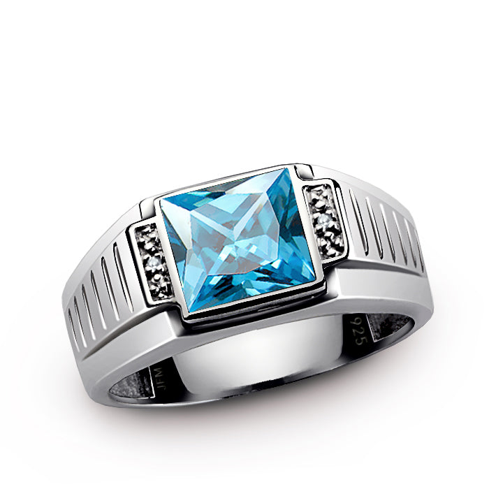 Men's Square Gemstone Ring with Diamond Accents in 925 Silver topaz