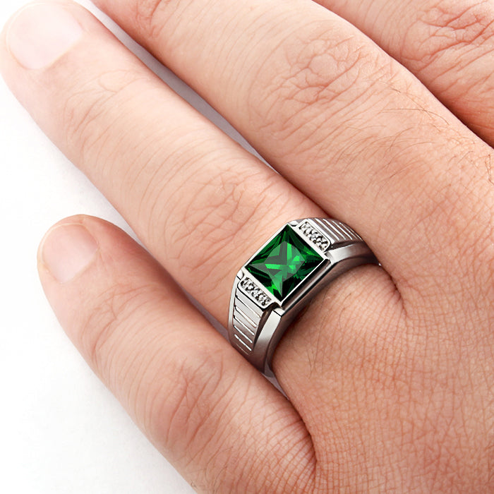 Men's Square Gemstone Ring with Diamond Accents in 925 Silver