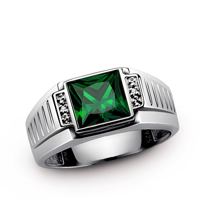 Men's Square Gemstone Ring with Diamond Accents in 925 Silver emerald