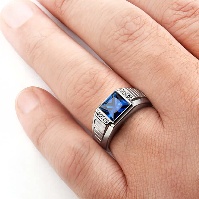 Men's Square Gemstone Ring with Diamond Accents in 925 Silver