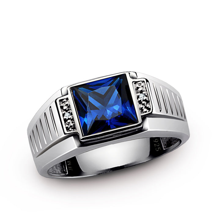 Men's Square Gemstone Ring with Diamond Accents in 925 Silver sapphire