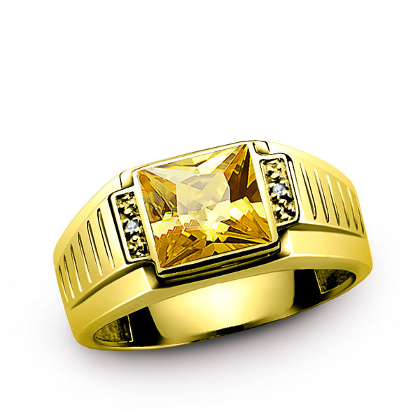 Men's 10K Gold Ring with Natural Diamonds and Citrine, Yellow Gemstone Ring for Men
