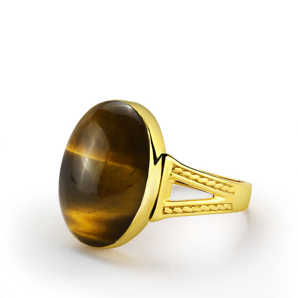 Tiger's Eye Men's Ring 10k Yellow Gold with Natural Brown Stone