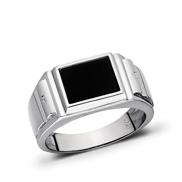 Real 925 Solid Sterling Silver Black Rectangle Onyx Ring For Men with 2 Diamonds