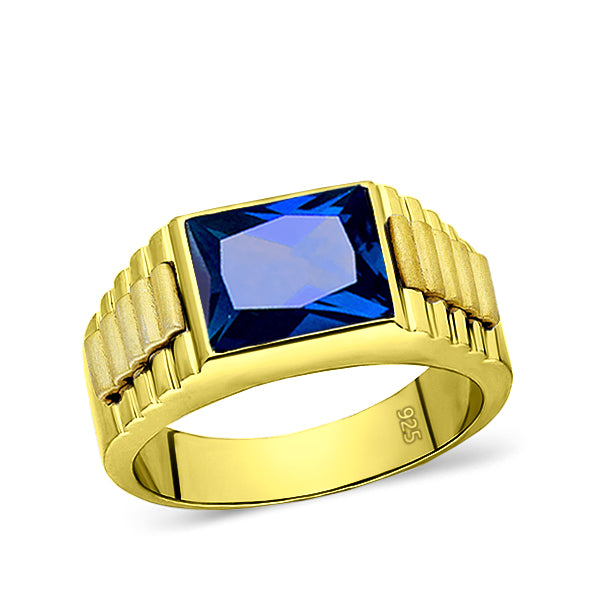 18K Yellow Gold Plated Mens Heavy Silver Ring with Blue Sapphire Gemstone All Sz