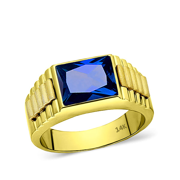 Man Blue Sapphire Statement Solid Fine 14k Yellow Gold Men's Heavy Wide Ring