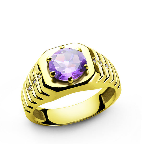 Men's Ring in 10k Yellow Gold with Purple Amethyst and Genuine Diamonds