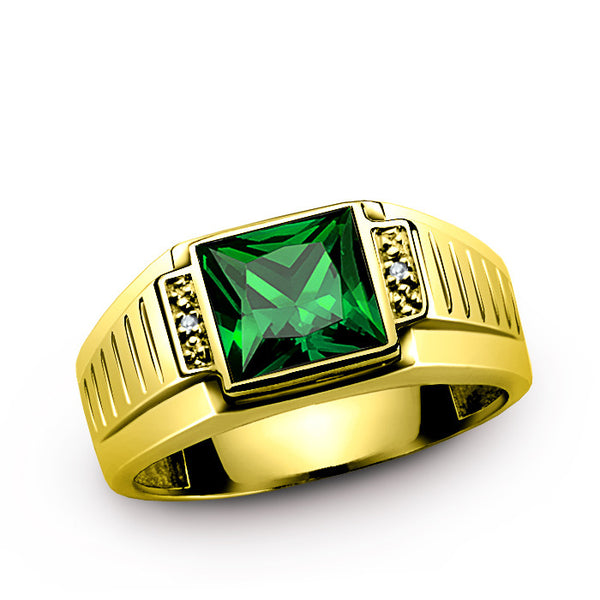 Men's Ring with Green Emerald Gemstone and Natural Diamonds in 10k Gold