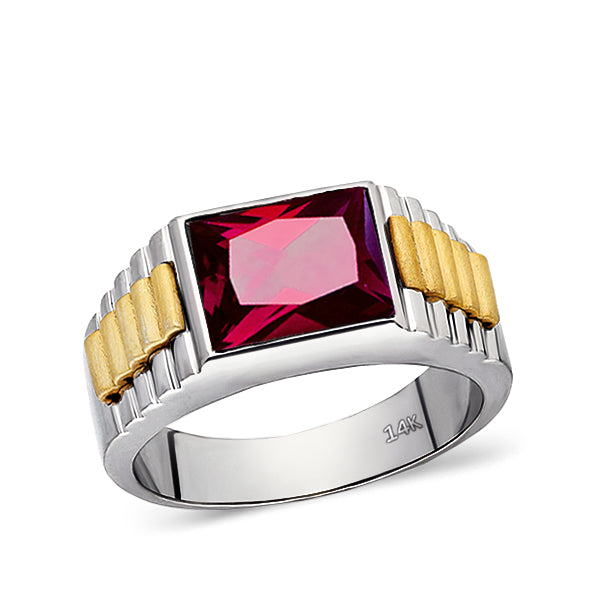 Solid Fine 14k White Gold Mens Classic Ring with Red Ruby Gemstone