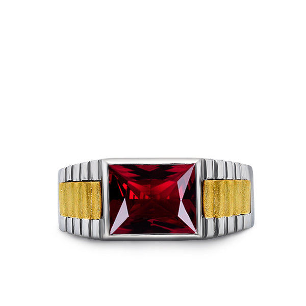 Solid Fine 14k White Gold Mens Classic Ring with Red Ruby Gemstone