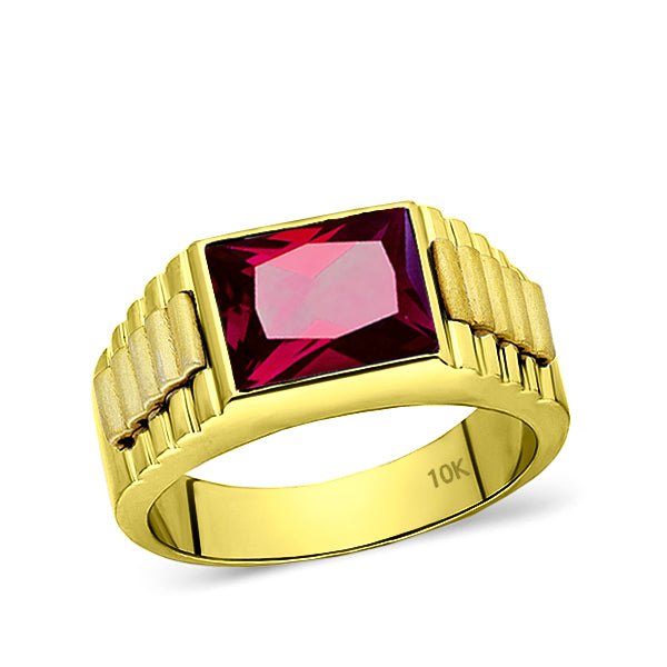 Solid 10k Yellow Gold Mens Modern Band Ring with Ruby Gemstone
