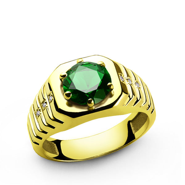 10k Yellow Solid Mens Gold Ring with Emerald and 6 Genuine Diamonds