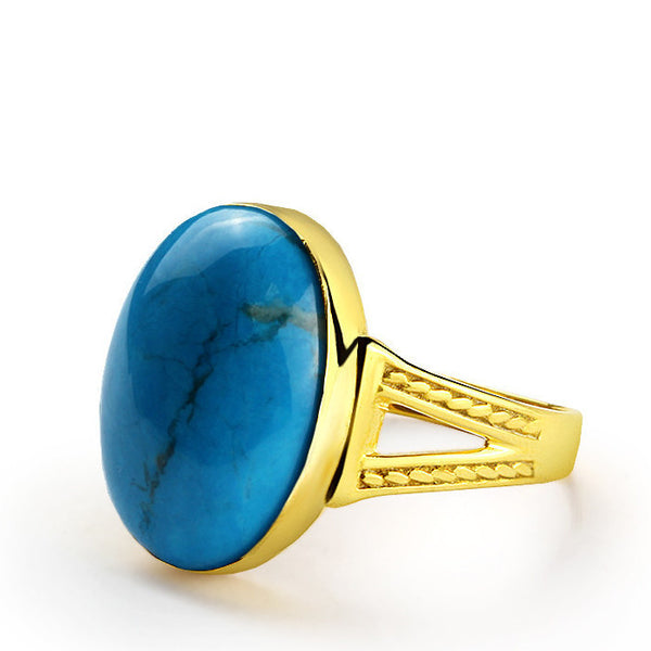 14k Solid Yellow Gold Men's Ring with Blue Turquoise