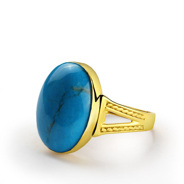 Men's Ring Blue Turquoise in 10k Yellow Gold Natural Stone Jewelry