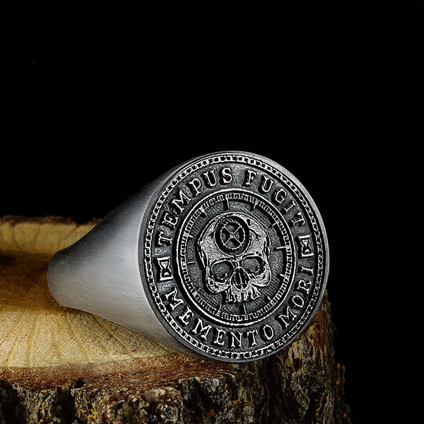 Memento Mori Skull Signet Ring Sterling Silver Stoic Men's Jewelry | JFM