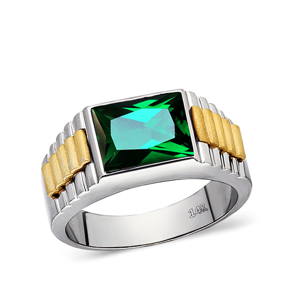 Solid Fine 14k White Gold Mens Ring With Rectangle Green Emerald Gemstone