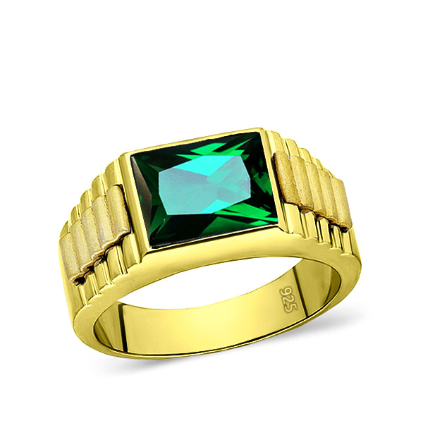 18K Yellow Gold Plated Mens Heavy Silver Ring with Green Emerald Gemstone